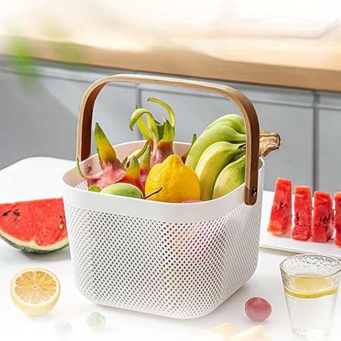HOMEPRO PLASTIC MESH BASKET WITH BAMBOO HANDLE, MULTI-FUNCTIONAL KITCHEN BASKETS STORAGE ORGANIZER BASKET FOR FRUITS & VEGETABLES VERSATILE AND STYLISH MESH FRUIT BASKET FOR ORGANIZED LIVING (WHITE) - Image 5